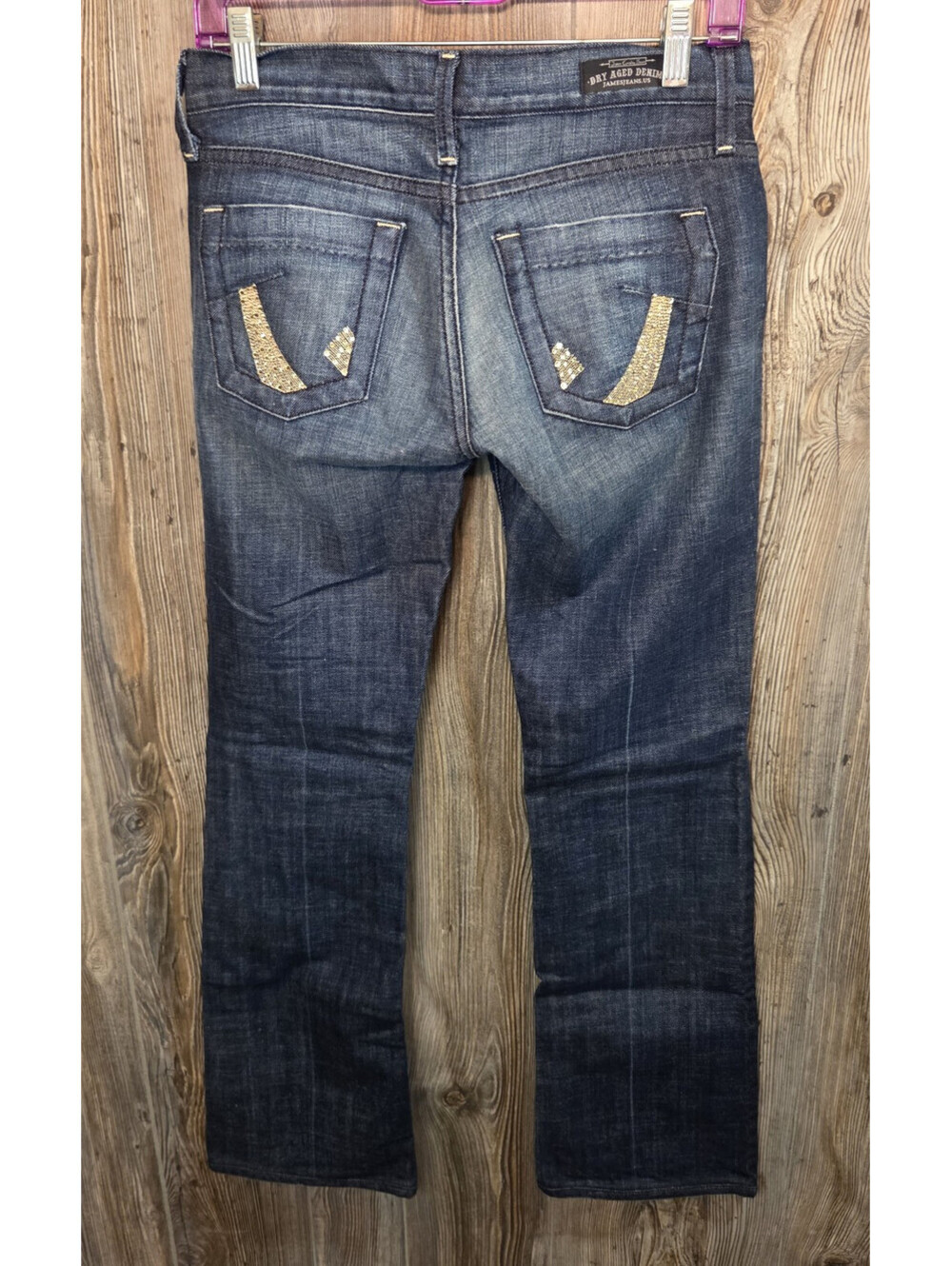 James Jeans Dry Aged Denim Blue Jeans Wmn Size 26 (30x31) Studded USA Made